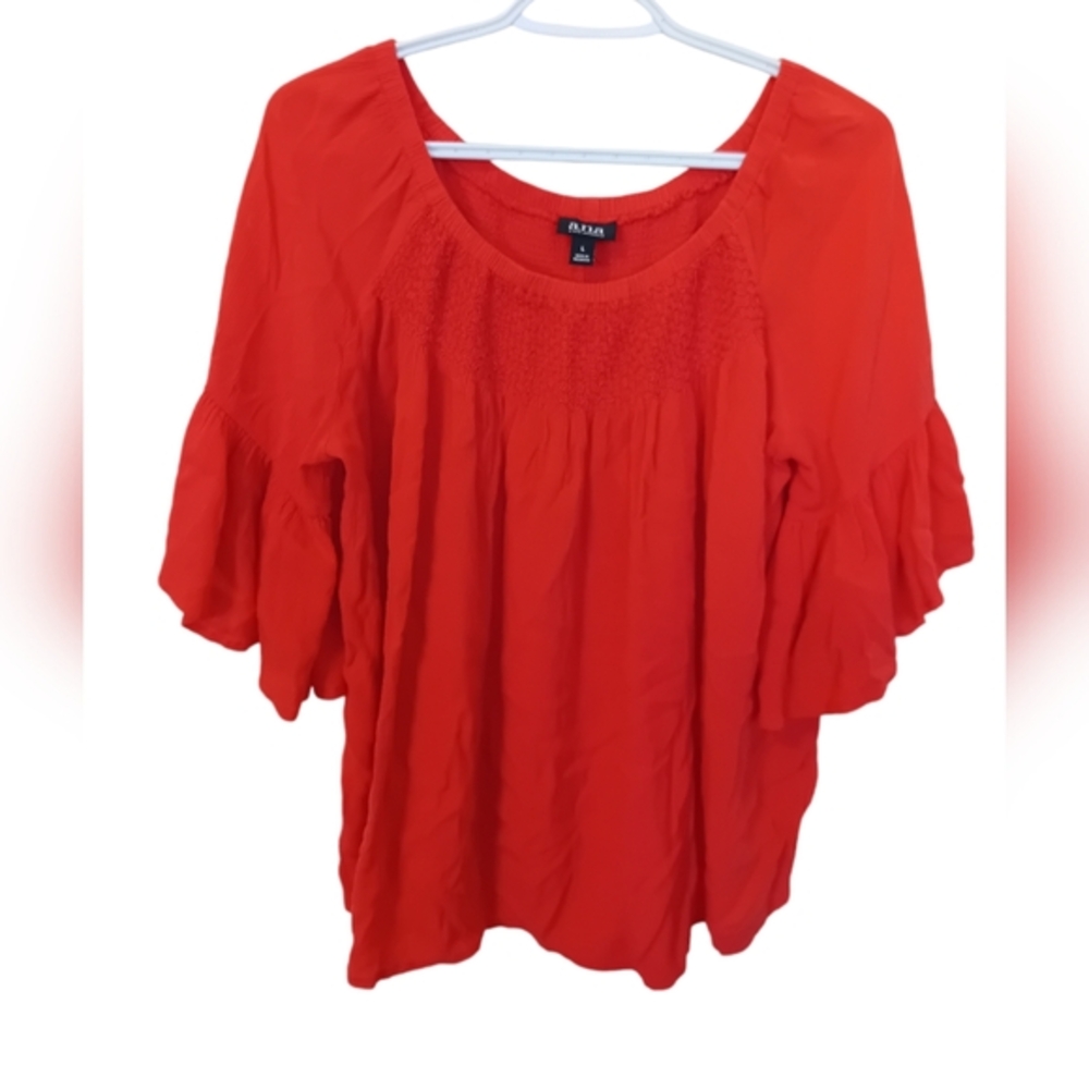 A.N.A A New Approach Women's Red Long Sleeve Peasant Blouse W/ Flutter Sleeves L